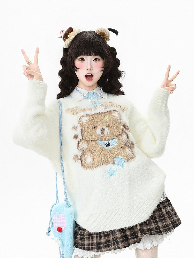 Round Teddy Brown/Apricot Kawaii in Bear with Sweater Daily Design Neckline Coffee