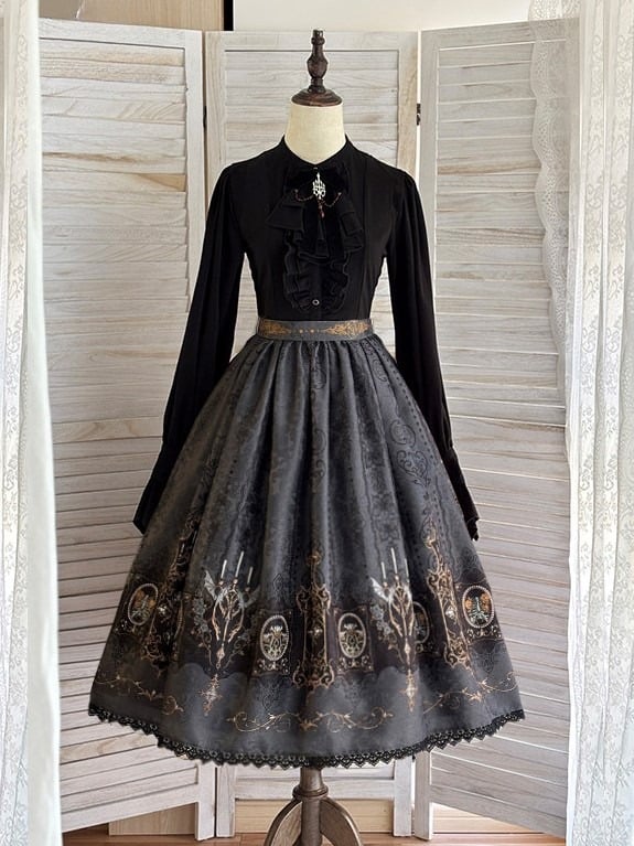 Gothic Candelabras with Trim Bat Gray Lolita Print Lace Wings Skirt