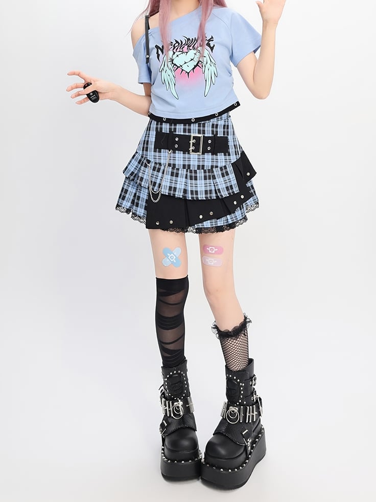 ウィングスプリント Y2K ライトブルー アシンメトリーネックライン ハート&Tシャツ