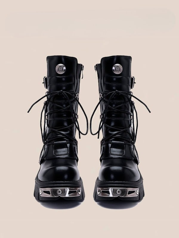 Punk Plates Black Mid-Calf Boots Platform Gothic - Fastening Metal Triple