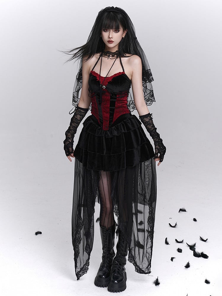 Halter Bustier Halloween Gothic Print Red with Top Black Spiderweb Neck