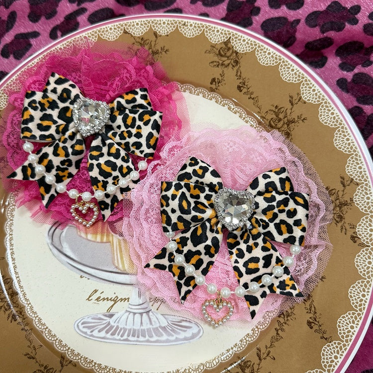 Strassbesatz Charm Leopard Spitze Perlen Rotes Herz Verziertes Muster Rosa/Rose Haarspange Schleife