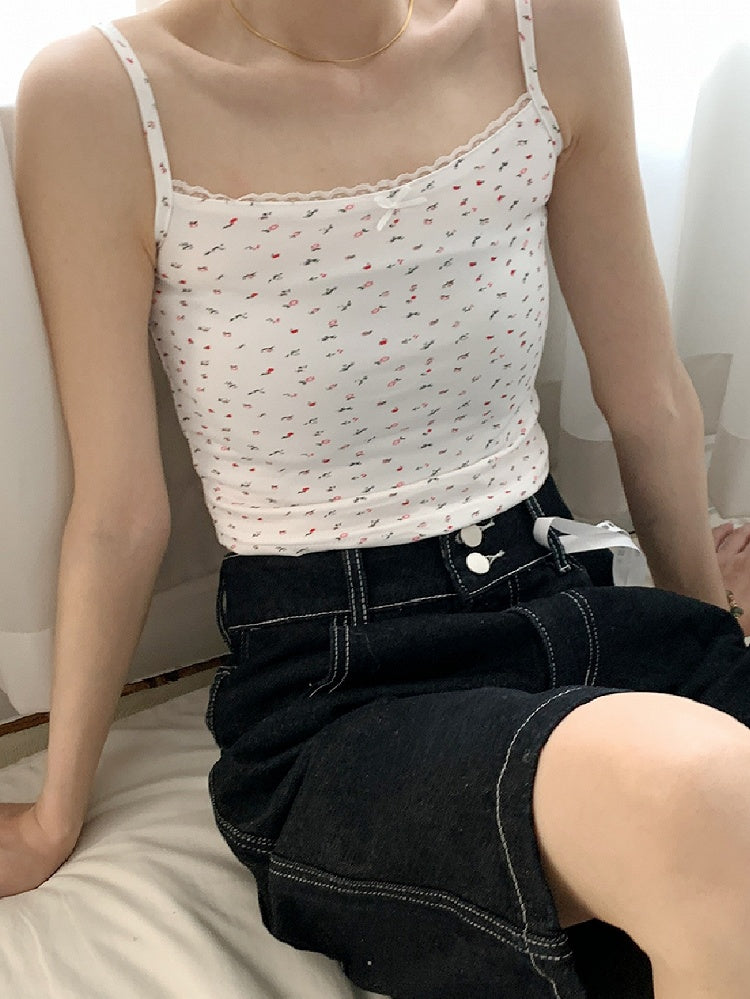 Top Cami Lace Print Bowknot Trim Beige/White Decorated Floral