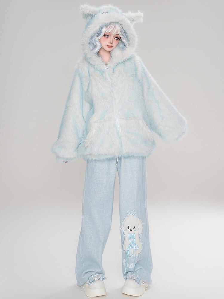 Blaue Winterjacke mit Kapuze und Reißverschluss im Design „Süßes Schneemonster“ aus Kunstpelz