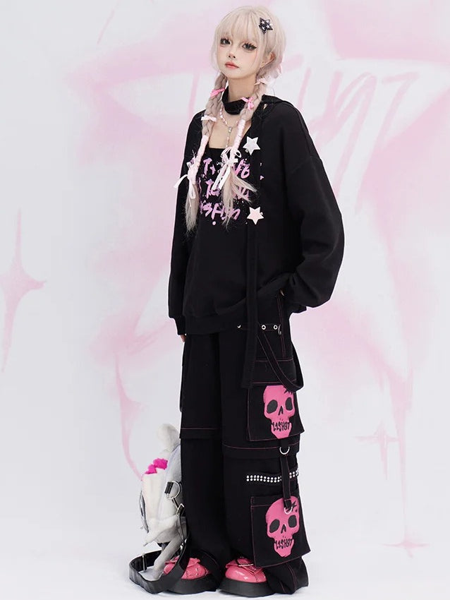 Y2K Schwarze Jeans mit weitem Bein und Cargotaschen im Skelett-Design