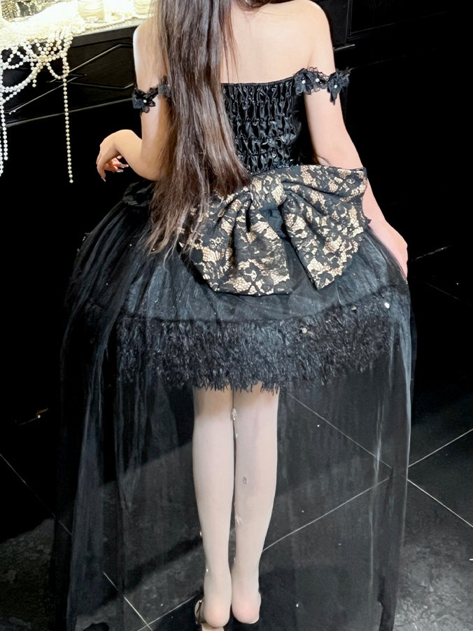 Black and Gold Lace Big Bow with Train