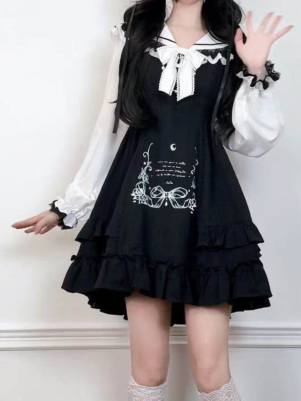 Black Jirai Print Design White Lace Bow Decor Dress and with Trim Ruffle Long-Sleeve Kei
