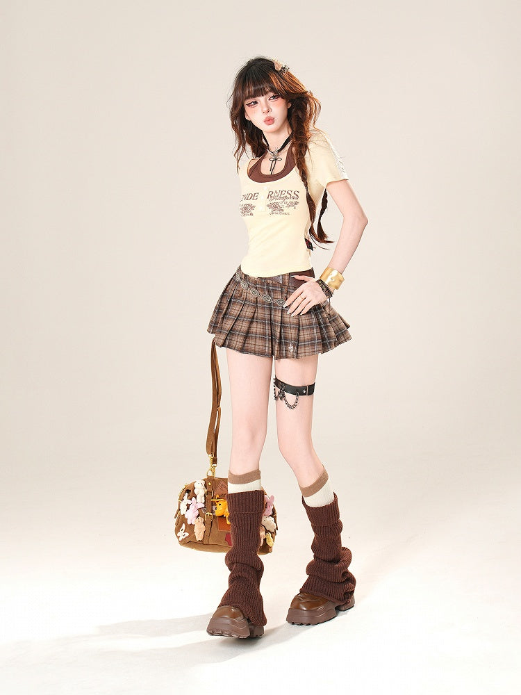 T-shirt Apricot Halter Neck Cutout Faux Two-Pieces Shoulder