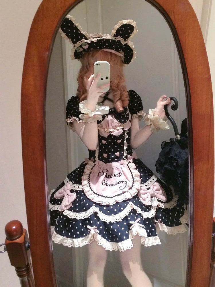Details Bunny + Sweet OP Hairband Bow Polka Pink Strawberry Lace and Dot with Full Choker Set Lolita Dress Ear Bonnet Themed Black