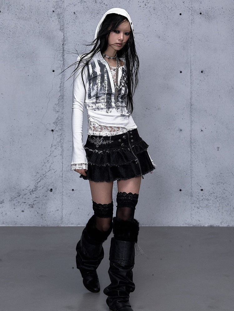 Off-white Two-piece V-Neck Print Hooded Lace Long Top Star Sleeve Slim-fitting Panel -