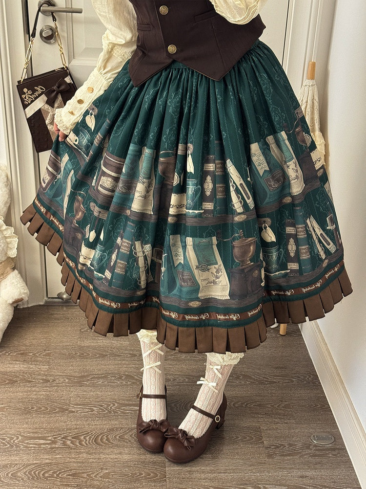 Dark Green Brown Coffee Cup Bookshelf Print Elegant Skirt Ruffled Hem - Dream Whale
