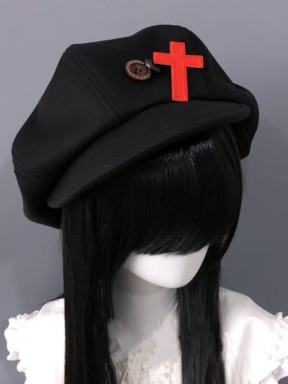 Cross Applique Gothic Beret Hat