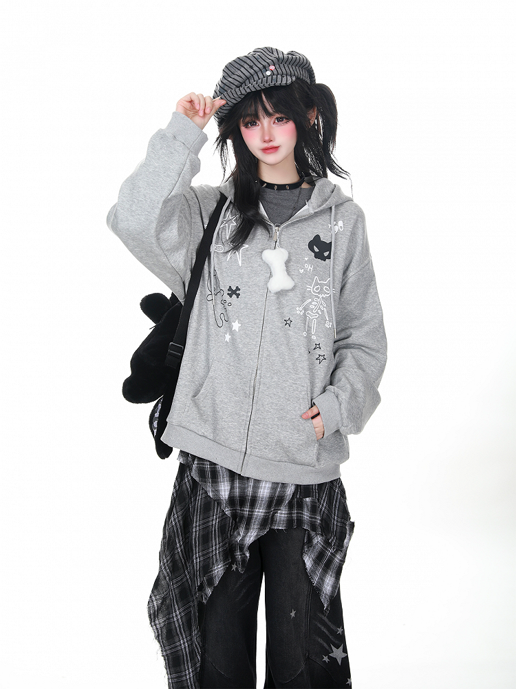 Zip-Up Gray/Black Print- Detail Cat Cat-Ear Adorable and Regular/Fleece Hoodie Lining with Options Lace-Up