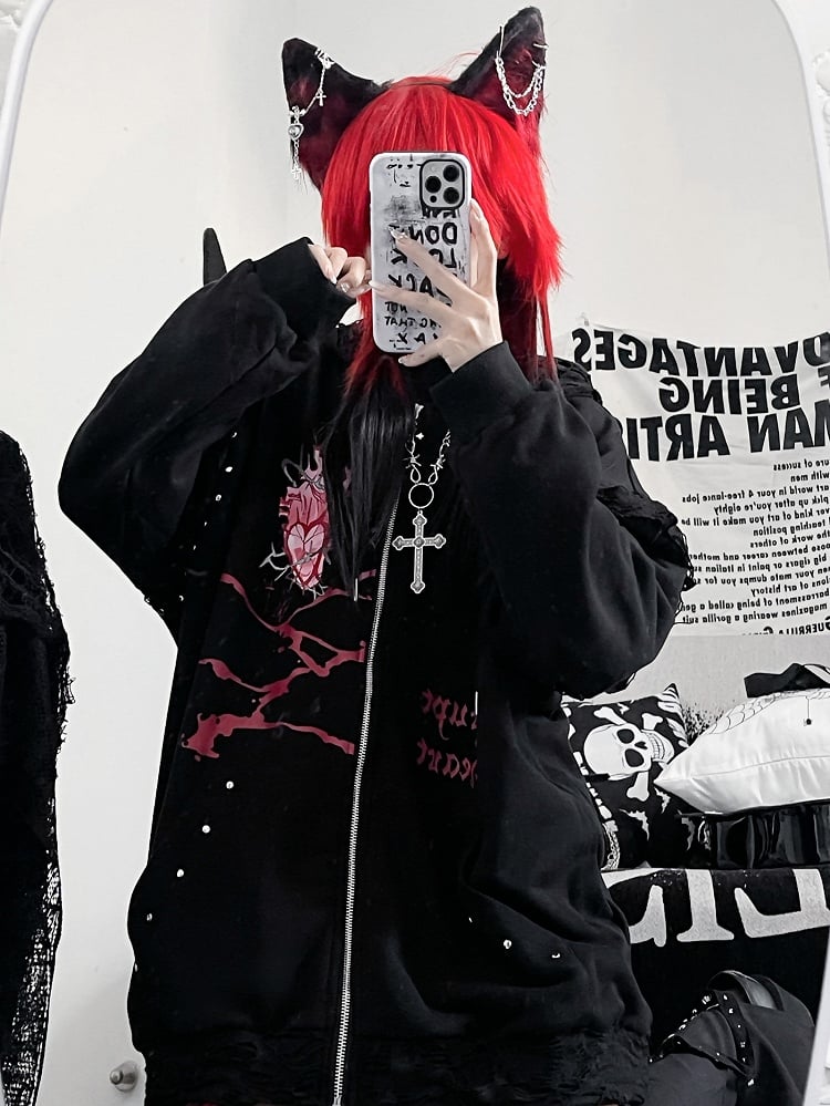 Reißverschluss-Nieten und Kawaii Guro Hoodie Katze verziert Buchstaben schwarz Ohr Druck Herz