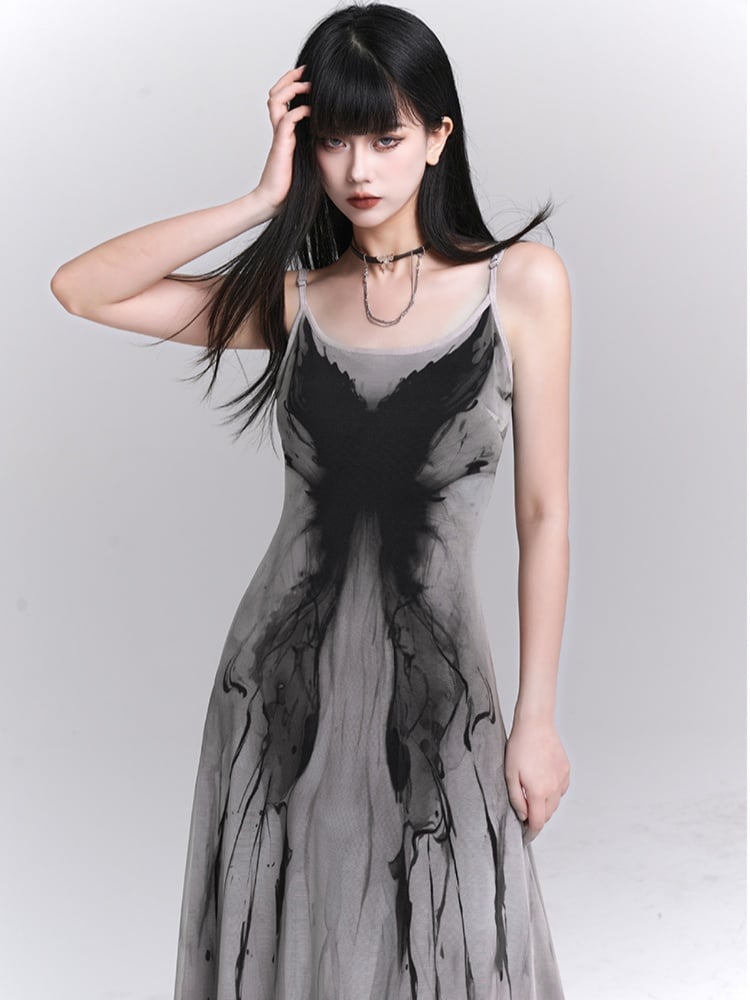 Gothic Gray Butterfly Slim-fitting Slip Dress