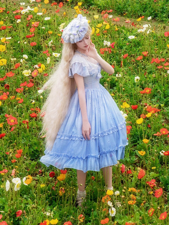 Hals Blau Stiefmütterchen Print Lolita Kleid Elegant Edward