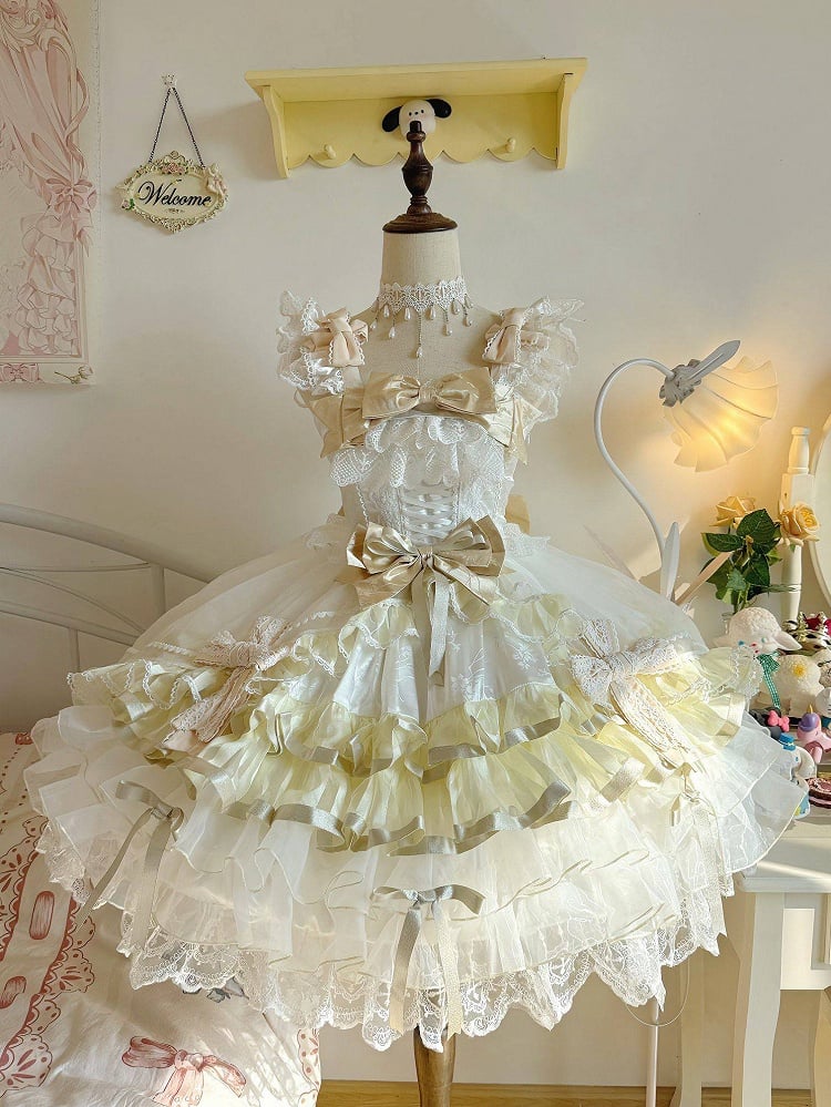 Skirt JSK Dress Bow Lolita White Princess with Layered and Ruffle Gold Accents