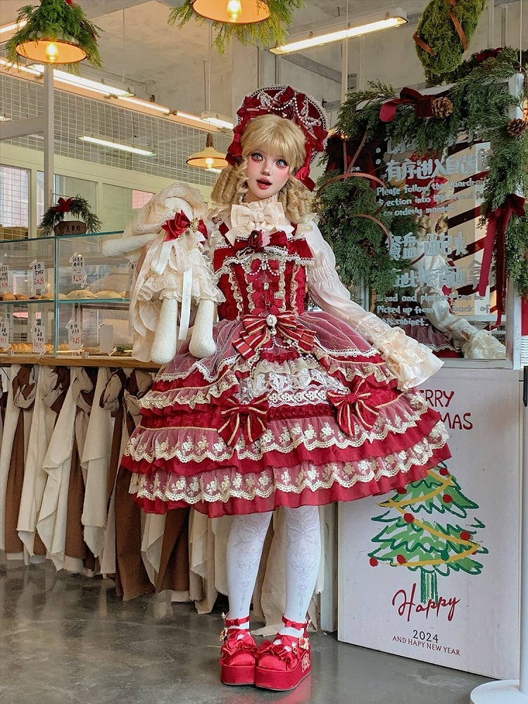 ドレスチェーンレッドゴージャスビーズプリンセスネックラインロリータフラワーリボン