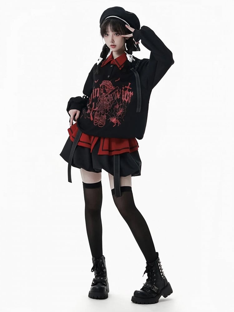 and Anime Graffiti Print Techwear-Style Straps with Girl Letter Snap Detachable Black/White Sweatshirt