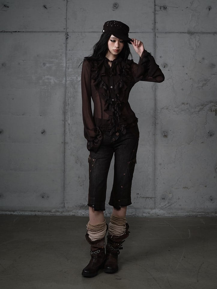 Princess Flounce Blouse Lace Button-Down Tie-Neck Front with Tiered Brown Vintage