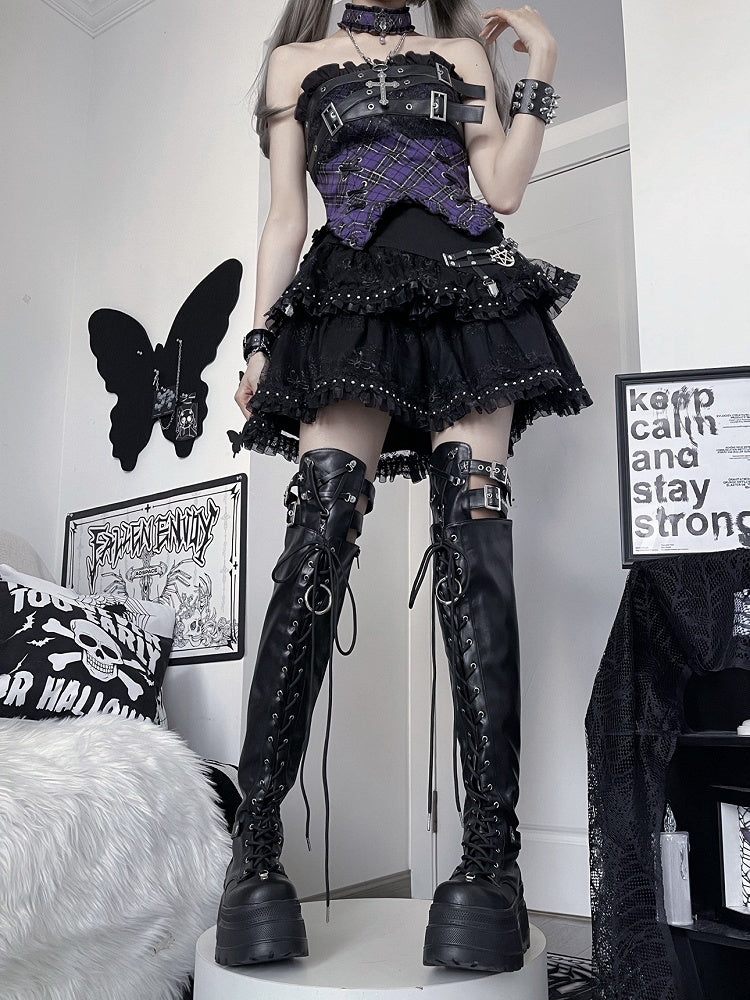 Star Boots Punk Thigh-high Strap Details Black Matte Y2K Platform