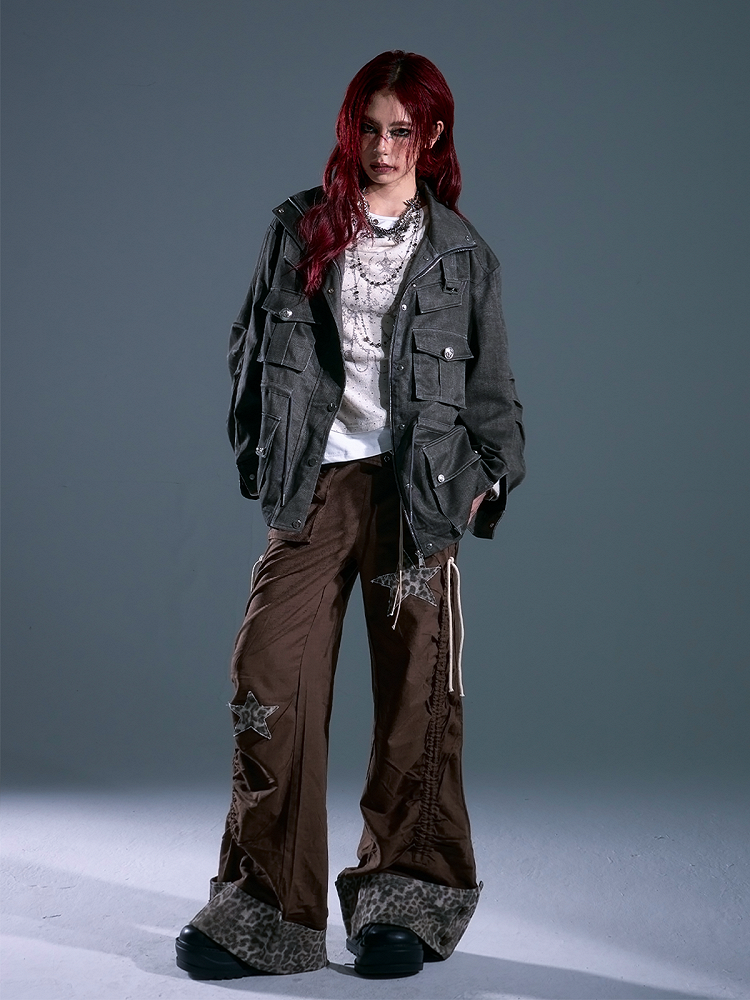 Closure Waist Zip Drawstring - Accent Punk Cargo Jacket Gray Buckled