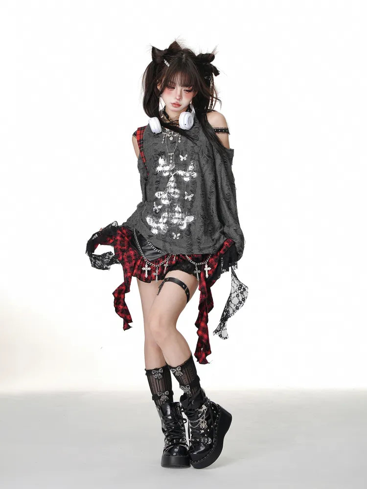 Y2K Asymmetrical White/Black Skirt Hem Black Red