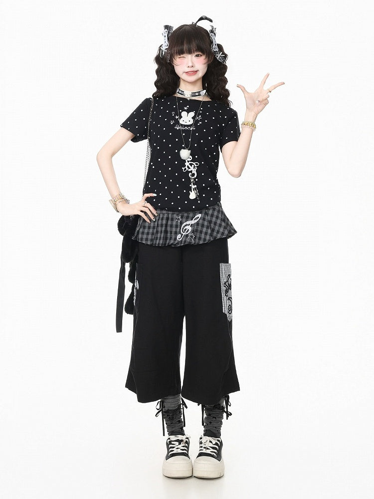 Black Polka Dot Short Sleeve Tee with Bunny Embroidery - Languid Park