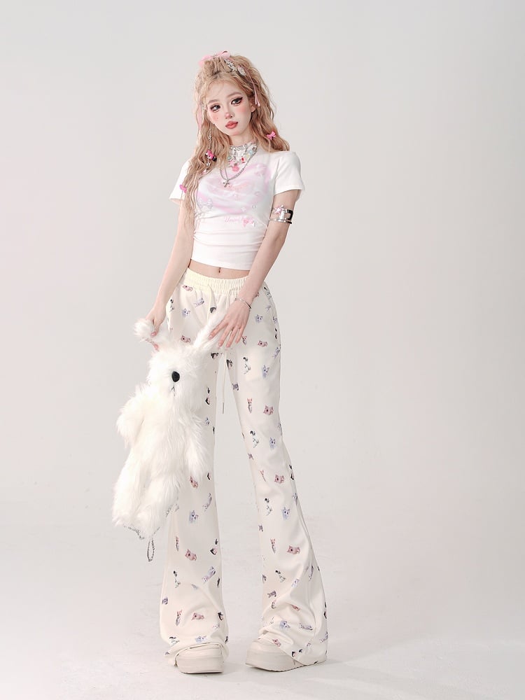 Beige Regular/Thicken Slim-Fit Flared Pants with Realistic Cat Prints and Elastic Waistband