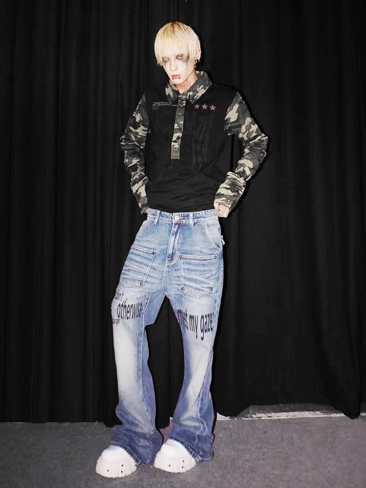 Washed Blue Flared Denim Jeans with Rivet Letter Prints - DETW OnLine