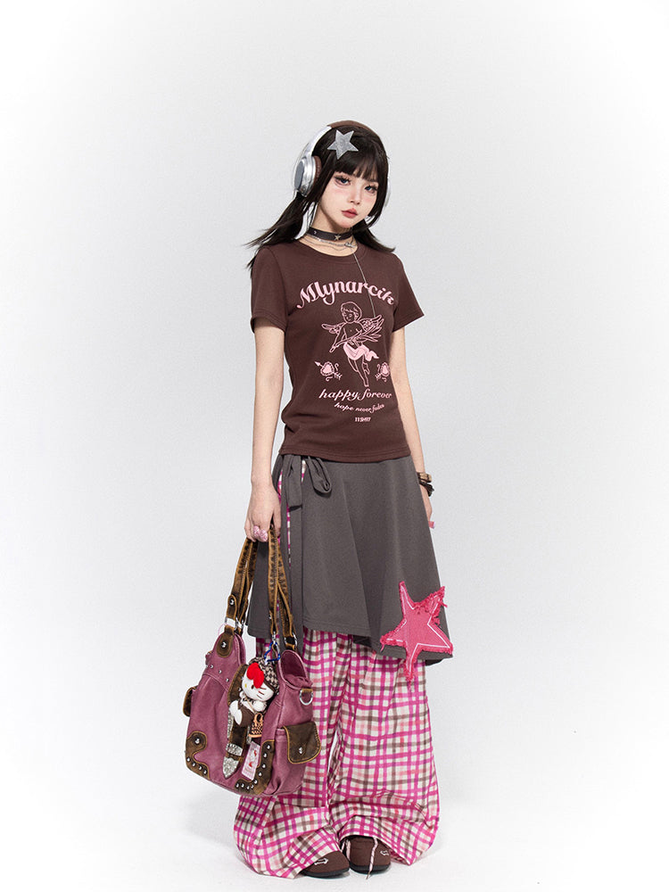Pink Low-Rise Drawstring Pants Adjustable Checkered Wide-Leg with Waist