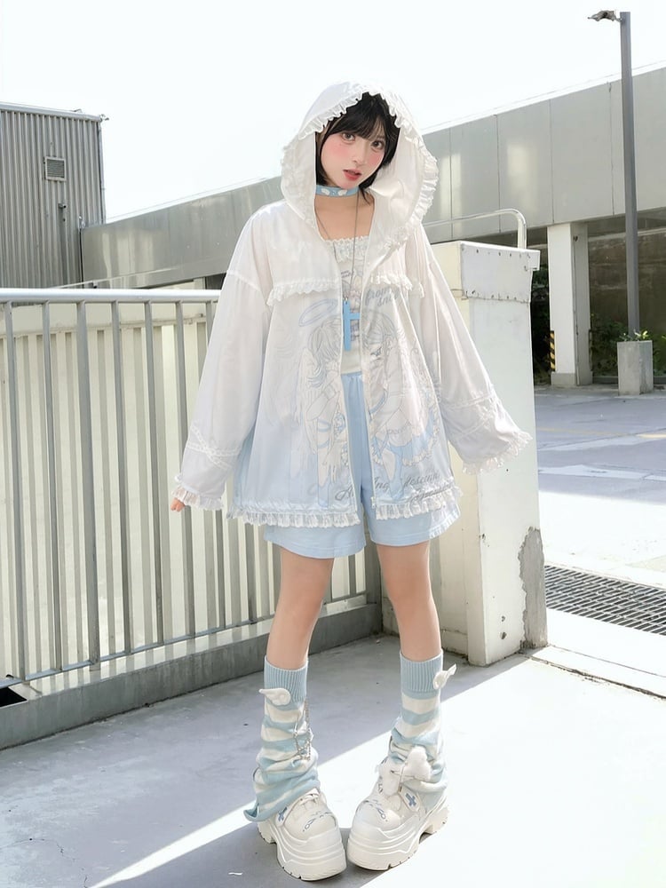 Sonnenschutz mit Kapuze, blau-weiß, Anime-Mädchen-Print, gekräuselter Saum, Jacke, Spitze