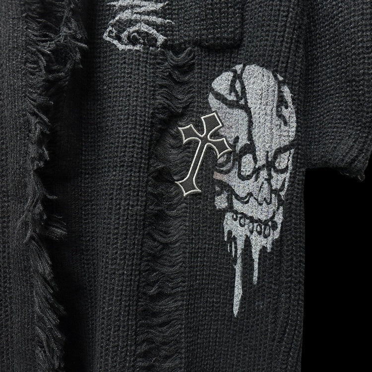 Gothic Punk Schwarzes Kreuz und Skelett Distressed Holes Cardigan Raw Edge