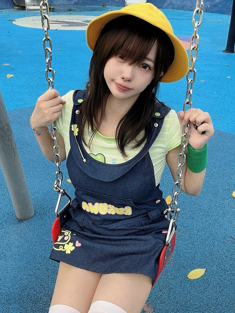 Green Motif Kawaii Pattern Stripe Frog Daily with T-shirt