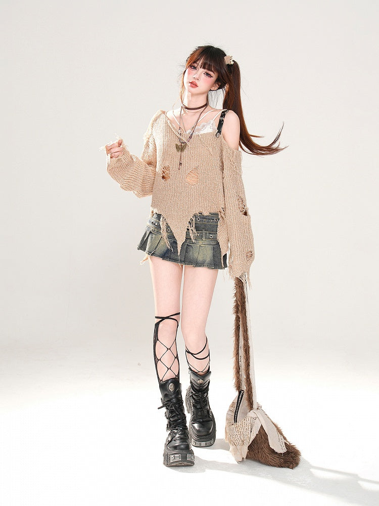 Gestrickter Punk Khaki Asymmetrischer Ausschnitt und Löcher am oberen Saum Wasteland Distressed