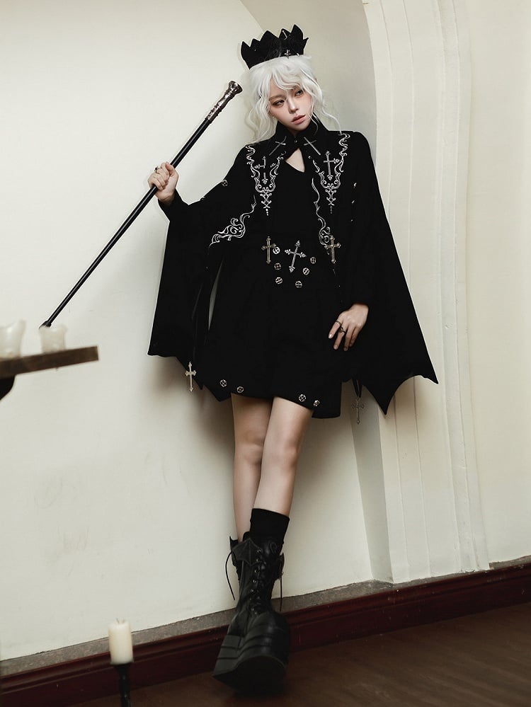 Hem Sleeves Cross Shorts Black Ouji Lolita Curved + Embroidery Bat-Wing Cape Long Top Gothic