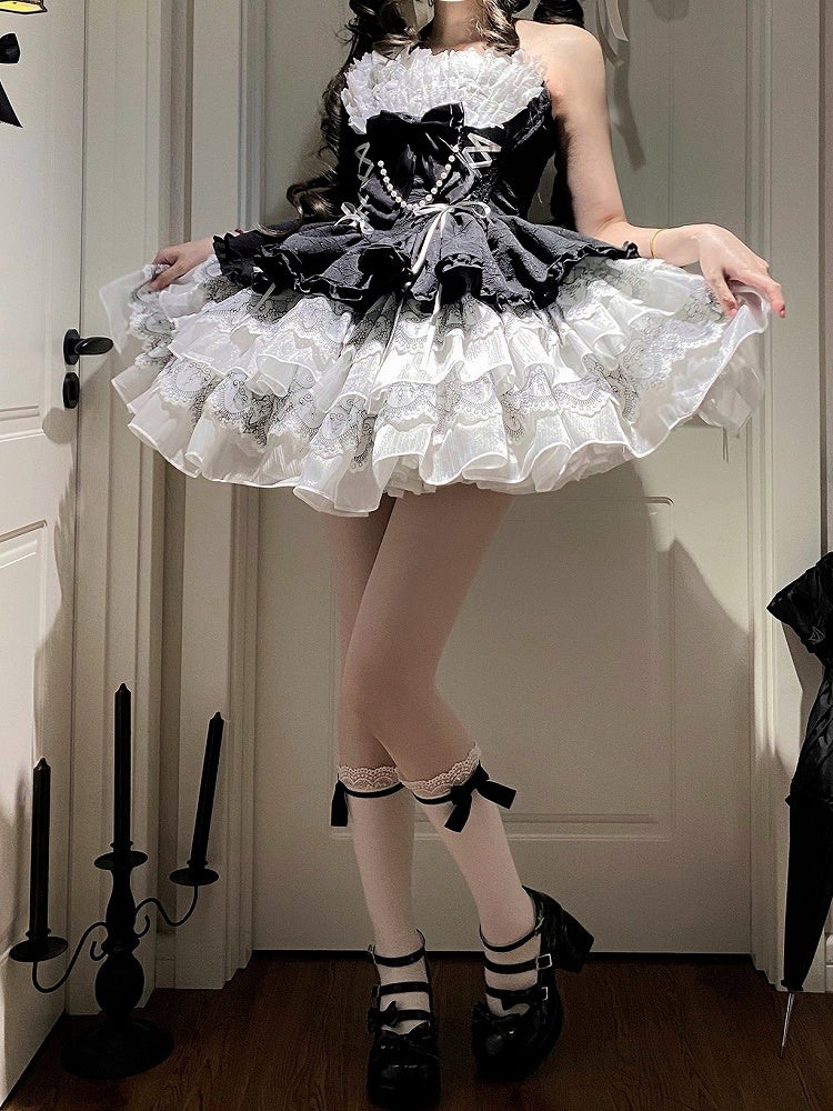Balletcore Schwarzes Neckholder-Kleid mit weißem Prinzessinnen- und Lolita-Ausschnitt