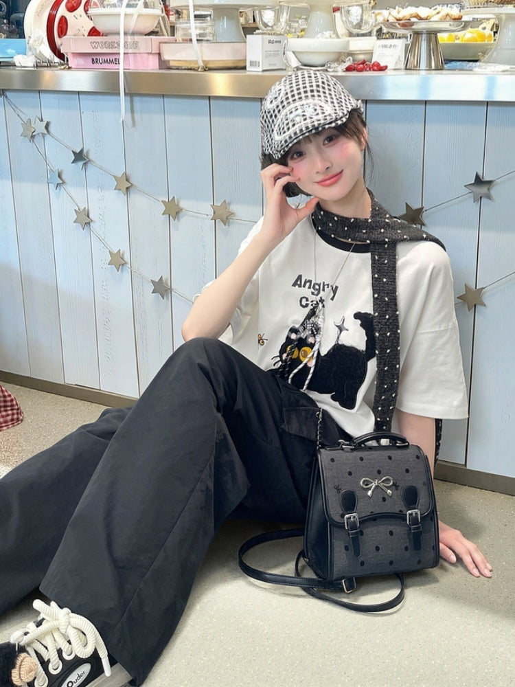 ホワイト/ベージュ 猫柄 レタス裾Tシャツ