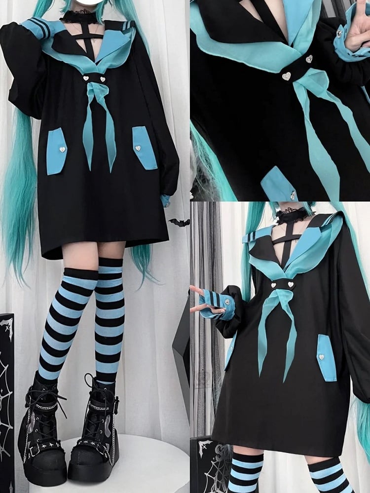 Style Landmine Black Futuristic Sailor Collar Cross Halter Neck Long Top with Contrast Green