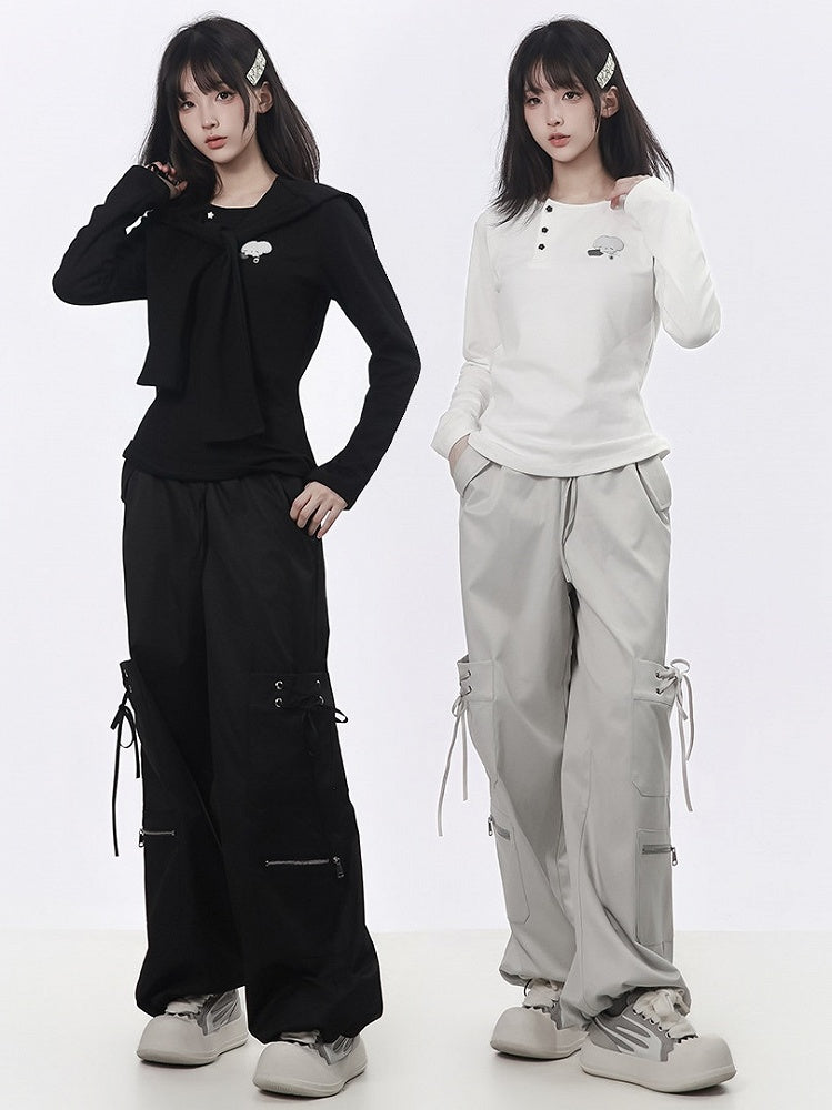 Black Techwear Wide-Leg Cargo Pants with Multi Pockets - PINK SAVIOR
