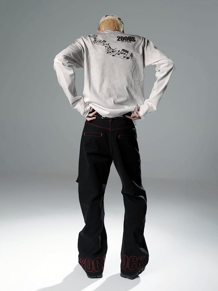 Genderless Punk Washed Distressed White Round Neck Top Guitar Girl Print