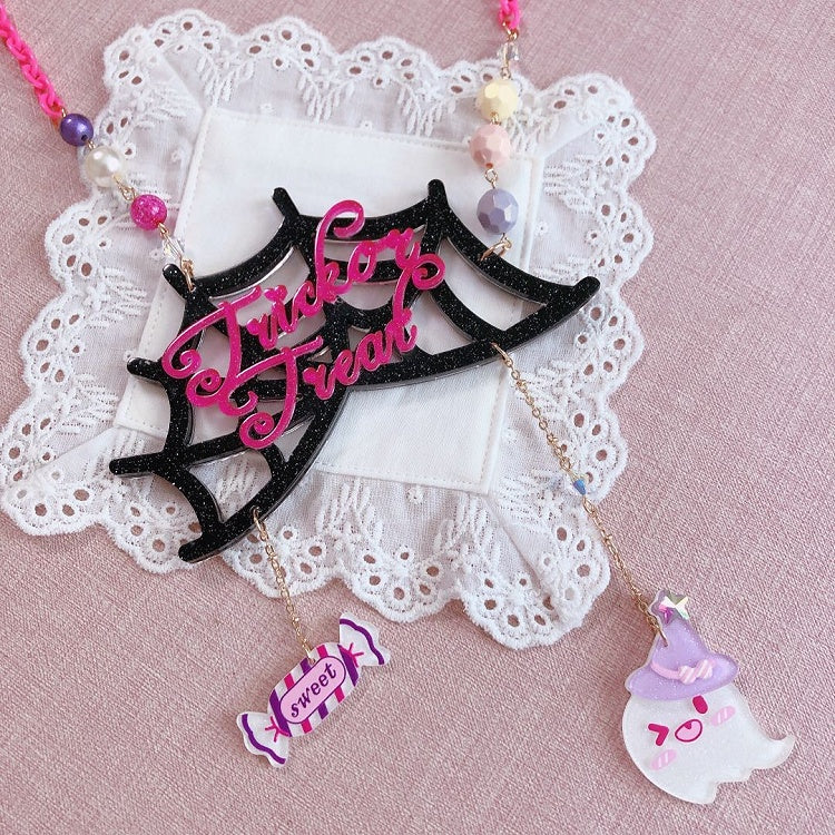 Candy Black Necklace Web Spider with Pink Ghost Pendants and