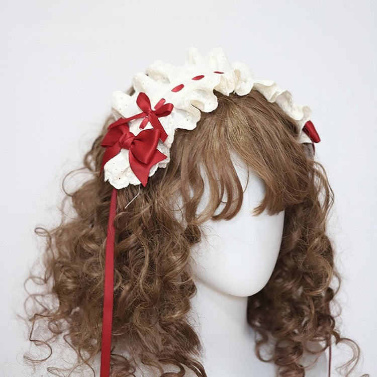 Lolita Hairband Bow Red with White Accents Ruffled