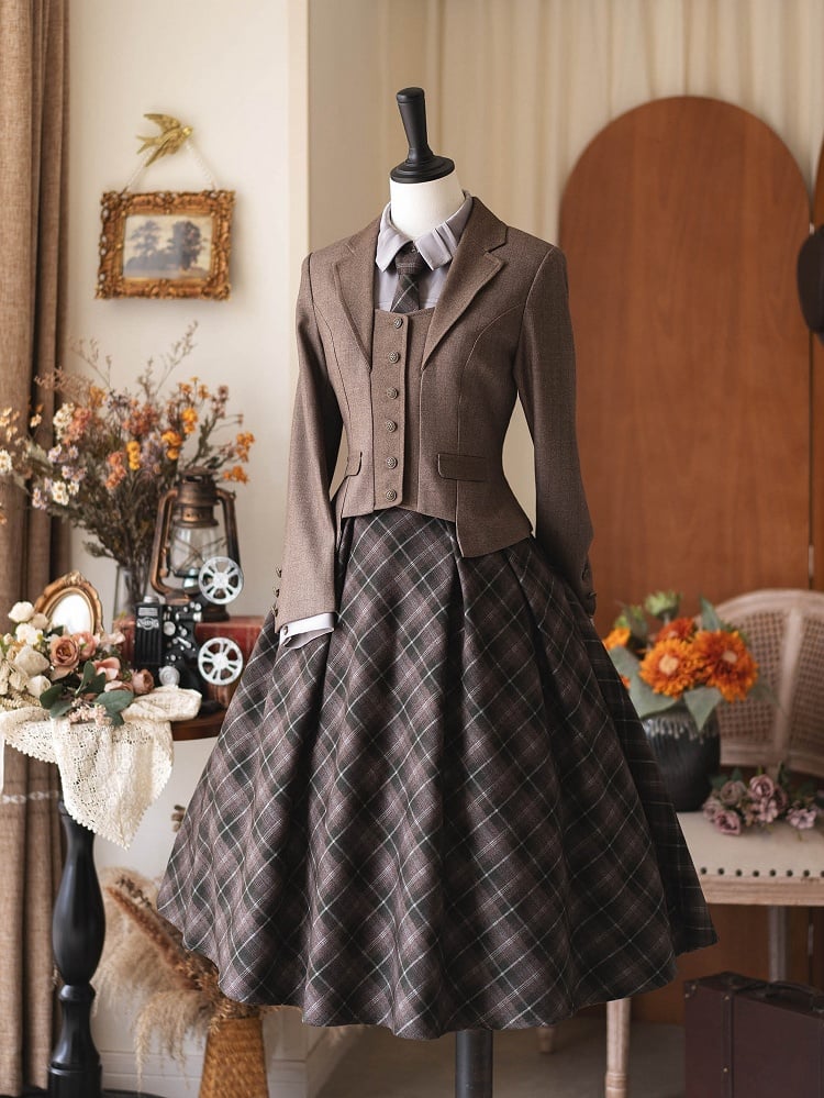 Cropped Autumn/Winter Buttons Metal Coffee Blazer with Vintage