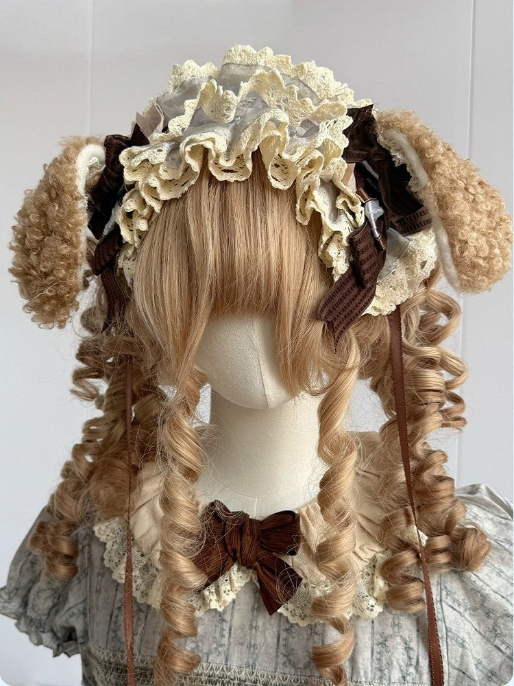 Detachable Plush Bunny Ears Hairband with Brown & Blue Bow Lace Accent - The Accessories' Story