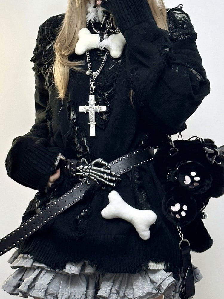 für Distressed Double-Sided Sweater: Detail Herbst/Winter Schwarz