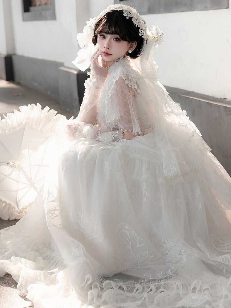 Shawl Veil Embroidered of Lace Wedding Set Gloves Valley the Head White Full Hairclips + Dress Lily Choker