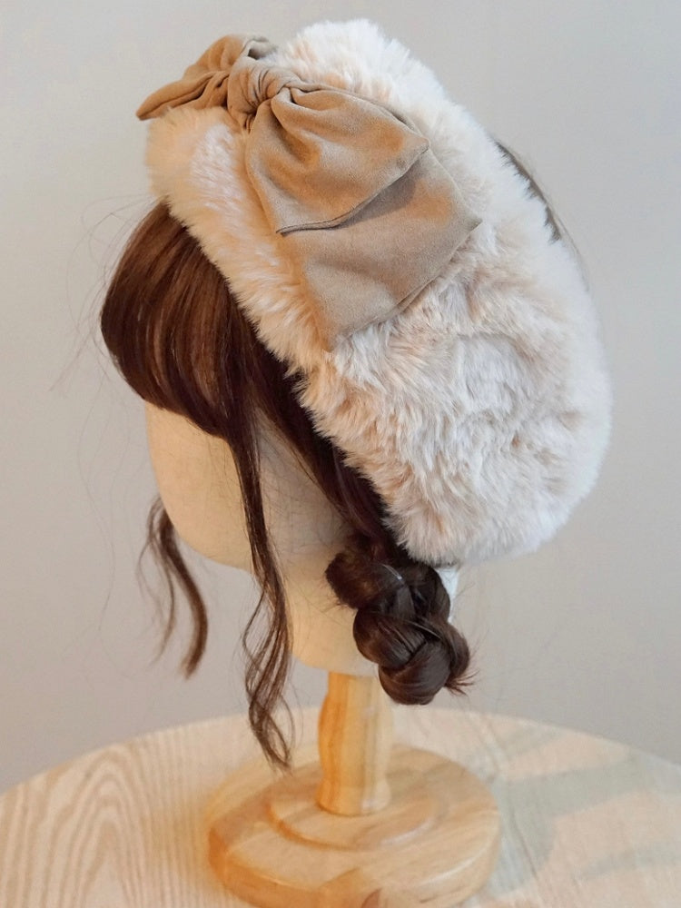 Khaki Plush Hat Bowknot Winter