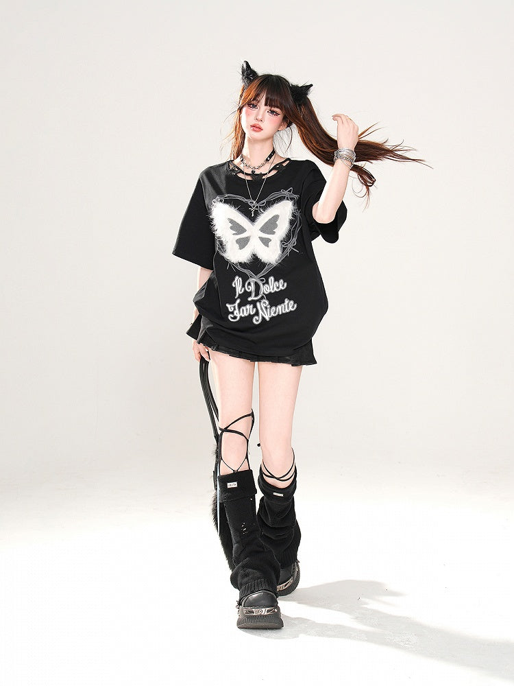 バタフライデザインネックラインプラッシュバタフライピンク/ブラックグラフィックTシャツ