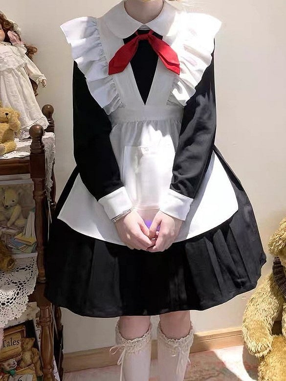 Black Collar Sleeves with Dress Lolita Red Short White Bow Pleated Tie and Maid